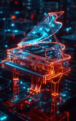 Wall Mural - A futuristic, glowing grand piano set against a vibrant, digital backdrop, showcasing a blend of technology and artistry.