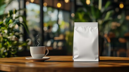 Coffee packaging mockup with a steaming cup of coffee on a rustic wooden table in a cafe setting. Perfect for showcasing your coffee brand or packaging design.