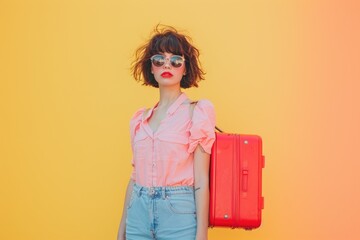 Full body image of woman ready for journey, solid color background