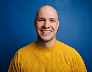 Wall Mural - Portrait of Young Handsome Man Happily Smiling Against Blue Studio Background