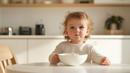 A child doesn't want to eat a healthy breakfast. Porridge for breakfast.