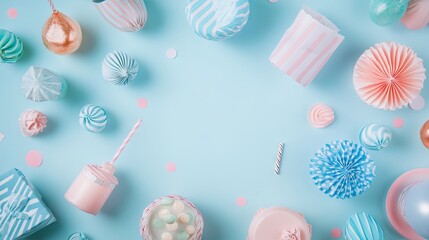 Wall Mural - pastel blue flat lay party decorations with gift boxes, balloons, and confetti - ideal for event the