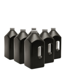 Lots of black plastic bottle with cap and handle isolated on whi