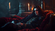 © emaotx - Portrait of a Gothic Vampire Lounging in an Opulent, Dimly Lit Castle.