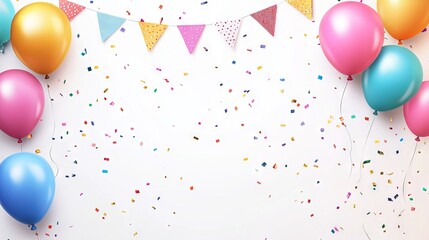 Festive birthday background with colorful balloons and pennants on a white canvas - perfect for celebrations, party invitations, and event decorations