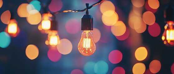 Wall Mural - festive party background with colorful bokeh and retro string lights - perfect for event invitations