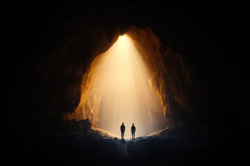 A dramatic cave scene featuring two silhouettes illuminated by a ray of light, evoking a sense of adventure and discovery.