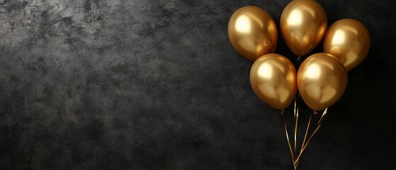 Wall Mural - elegant horizontal banner with gold balloons against a black wall background - perfect for celebrati