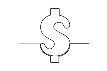 Continuous one line drawing of Dollar symbol isolated on white background outline vector illustration