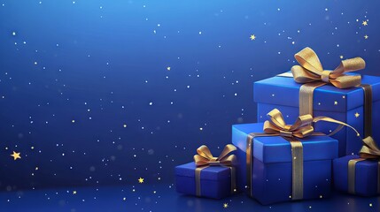 generative ai illustration of blue gifts with golden bows and ribbons on blue background with stars 