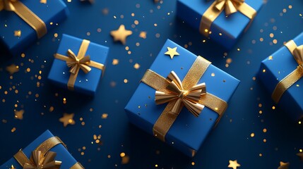 Wall Mural - generative ai illustration of blue gifts with golden bows and ribbons on blue background with stars 