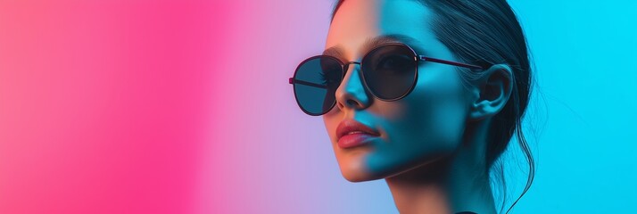 A stylish woman wearing sunglasses with a vibrant pink and blue lighting effect over her face.