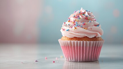 Delicious birthday cupcake on a table with a light background - perfect for celebrations, party invitations, and festive event decorations