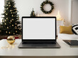 © Aisylu - Laptop with white blank screen on the background of the Christmas interior of living room. AI generated