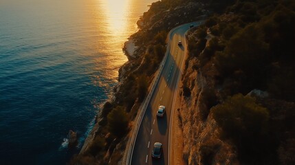 A winding coastal road hugs the cliffs as vehicles travel along the shoreline. The sun sets, casting a warm golden glow over the sea and rugged landscape. Generative AI