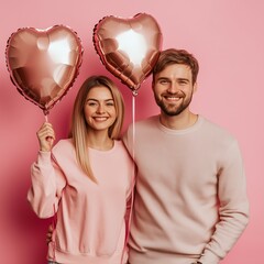 Wall Mural - Smiling couple holding heart balloons against a soft pink background, celebrating love in a stylish and cozy setting