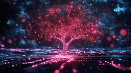 Future tech development concept with glowing neon tree 