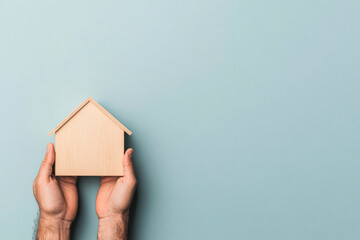 Hands holding a small wooden house model against a light blue backdrop