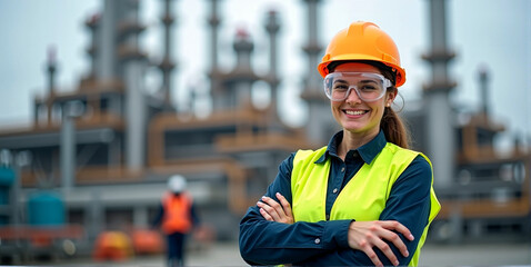 A female employee working with self-confidence in  construction, heavy industry or production