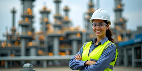 A female employee working with self-confidence in  construction, heavy industry or production