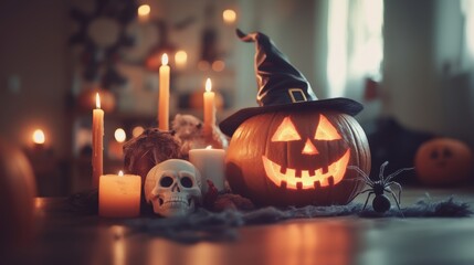 Halloween holiday carved pumpkin wearing witch hat closeup view