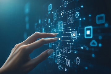 hand pushing a button on a touch screen interface