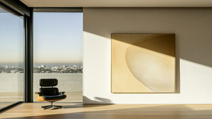 Modern living space with a view and abstract art in the late afternoon sunlight