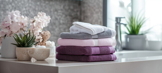 A stack of clean towels in various colors is displayed on the bathroom counter, ready for use. The scene includes soft fabrics and delicate details.