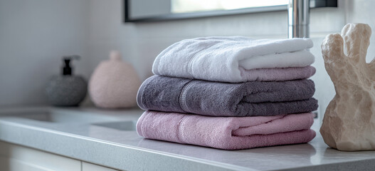 A stack of clean towels in various colors is displayed on the bathroom counter, ready for use. The scene includes soft fabrics and delicate details.