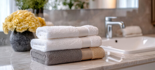 A stack of clean towels in various colors is displayed on the bathroom counter, ready for use. The scene includes soft fabrics and delicate details.
