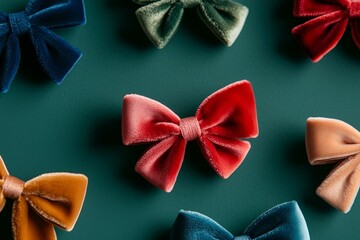 six vibrant velvet ribbon bows scattered in repeat pattern in different colors arranged on a flat surface, christmas vibes