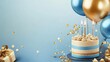 © hassan - Blue and golden happy birthday cake invitation card banner background with balloons, candle, and gift box - perfect for celebrations, party invitations, and festive event designs