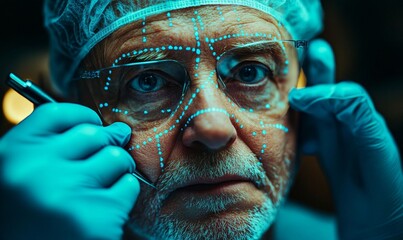 Surgeon drawing dotted lines on patient face before surgery, Generative AI