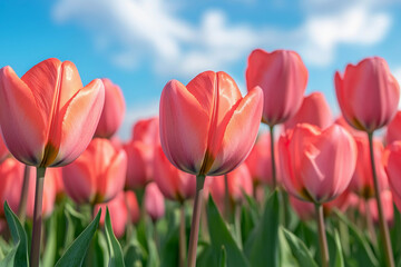 Canvas Print - Vibrant pink tulips blooming in a sunny field during springtime