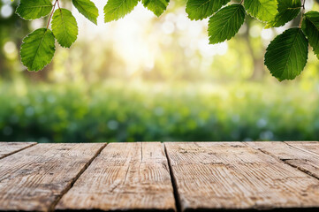 Poster - Empty wooden tabletop with green leaves framing sunny nature background for product display montage