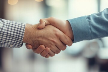 Two hands meet in a firm handshake, symbolizing the successful completion of a business agreement in a contemporary office environment. Generative AI