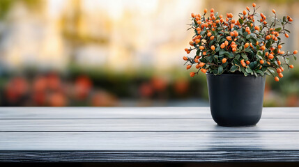 Poster - Potted plant with small orange berries sitting on an empty wooden table with a blurred background