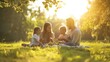 © axel - A joyful family with children sits on a blanket in a park, sharing a picnic under the sun. Laughter fills the air as they enjoy food and each other’s company. Generative AI