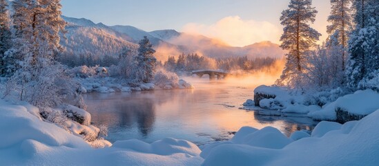 A picturesque scene of a snow-covered river flowing through a wintery forest at sunrise, with a bridge in the distance.