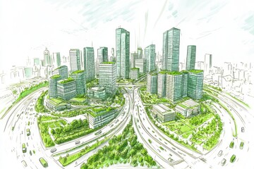 Conceptual illustration of a modern urban landscape with green architecture and efficient transportation systems.