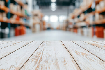 Aufkleber - Empty white wooden table surface on blurred warehouse background providing montage display for product