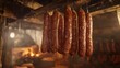 © horizon - Artisanal sausages hanging in a rustic smokehouse with warm ambient lighting, rich red and brown tones, smoky atmosphere, wooden beams, close-up of meat textures.