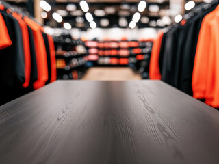 Aufkleber - Empty wooden table surface on blurred background of shopping mall with clothes on hangers