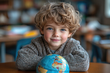 child with globe in classroom