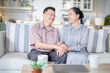 © ultramansk - A cheerful elderly couple sitting together on a cozy sofa, holding hands and smiling warmly. They enjoy their peaceful moments together, embodying love, companionship, and happiness in their home.