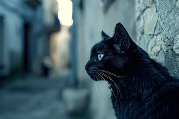 Black cat is looking out of a window