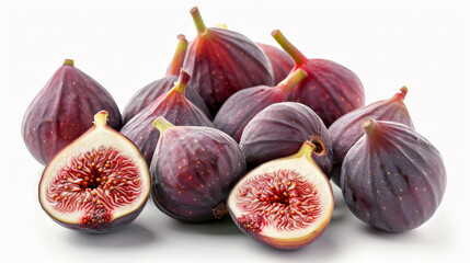 Wall Mural - A cluster of ripe purple figs, both whole and sliced, displaying fresh textures