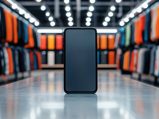 Aufkleber - Smartphone is standing on a table with a blurred background of a clothing store