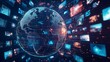 © Monchisa - Abstract digital globe symbolizing global connectivity, featuring a network of connections and floating media content, illustrating the interconnectedness of modern communication technology.
