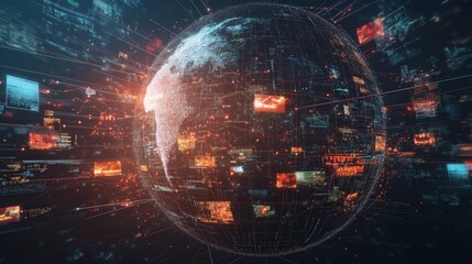 Wall Mural - abstract digital globe showcasing global network connections, surrounded by floating media content, 